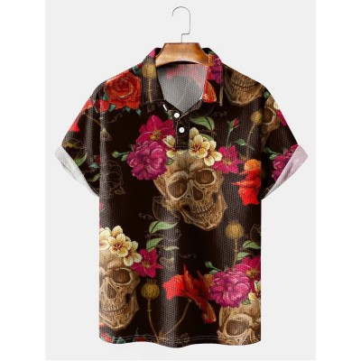 Men's Lapel Skull Flower Print Short Sleeve Polo Shirt