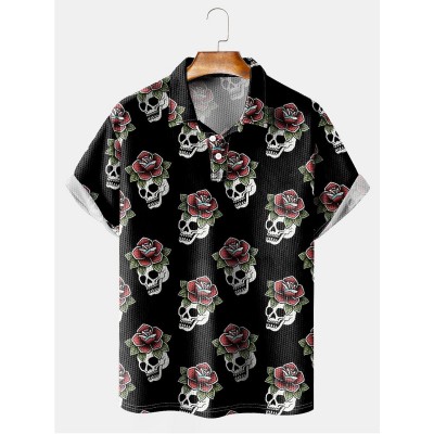 Men's Lapel Skull Print Short Sleeve Polo Shirt