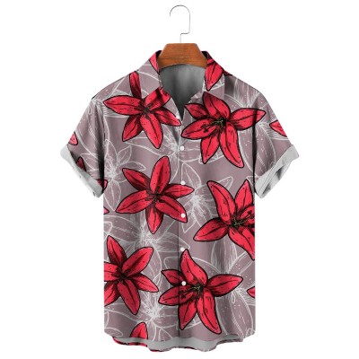 Big Lily Print Casual Short Sleeve Shirt