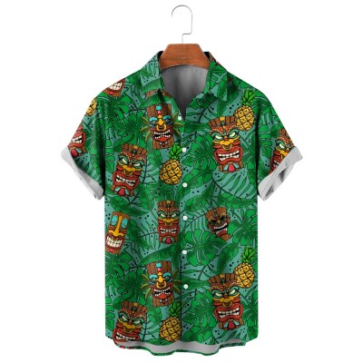 Men's Hawaiian Tiki Idol and Palm Leaf Print Short Sleeve Shirt